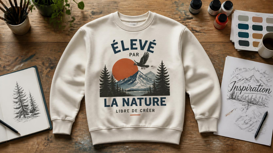 Sweat personnalisé avec un visuel unique posé sur une table de création