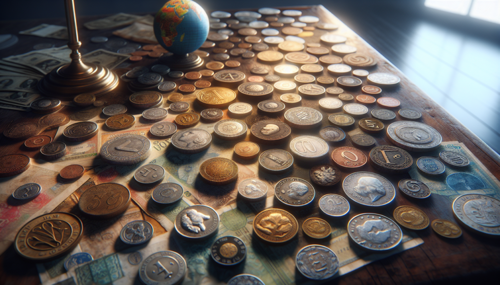 Affiche : "Monnaie en F, pièces et billets de différents pays, de qualité avec Dall-e 3. Mise en scène sur table en bois vintage."