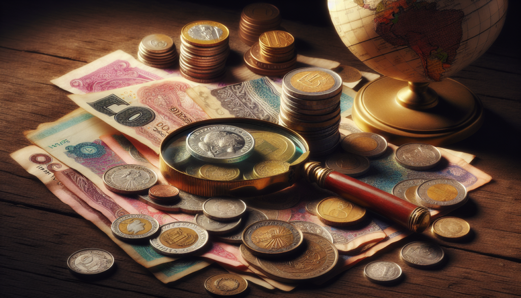 Diverses monnaies en P sur une table en bois antique avec une loupe vintage.