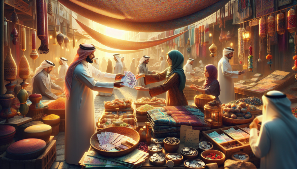 Monnaie en Q, scène de marché animé à Qatar avec des vendeurs et acheteurs utilisant riyals et pièces qatari.