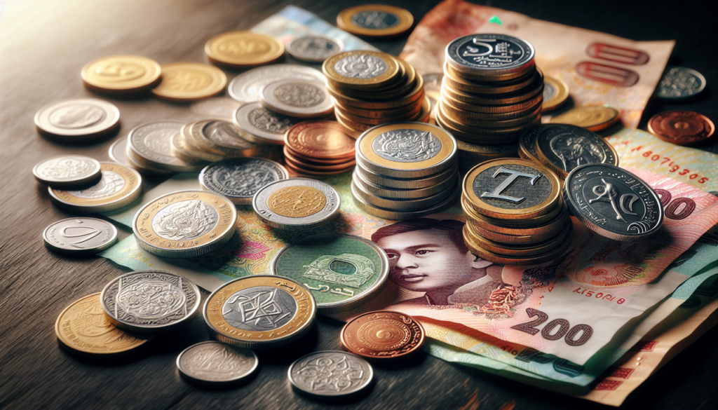Monnaie en T : Baht thaïlandais et dinars tunisiens en avant-plan, livres turques en arrière-plan.