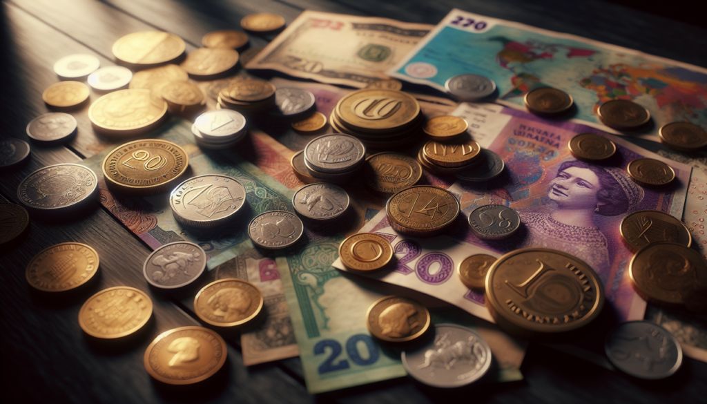 Monnaie en U : Variété de pièces et billets des pays Ugandan shilling, Ukrainian hryvnia et Uruguayan peso, sur table en bois sombre.