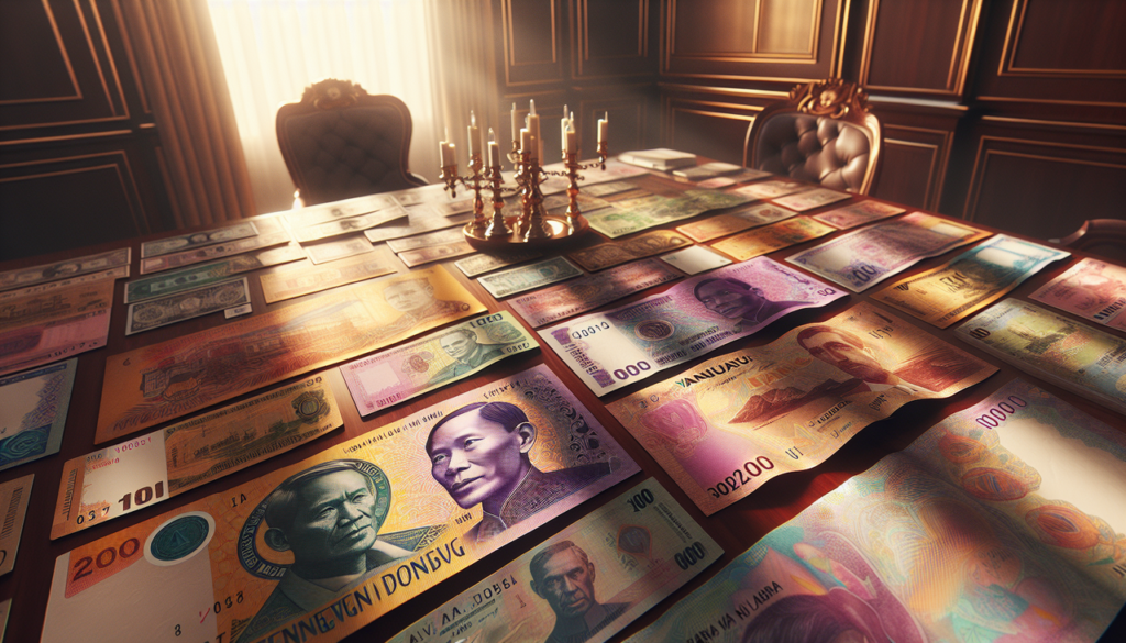 Variété de monnaies en V sur table en bois : Dong vietnamien, bolivar vénézuélien, vatu vanuatais, détails précis.