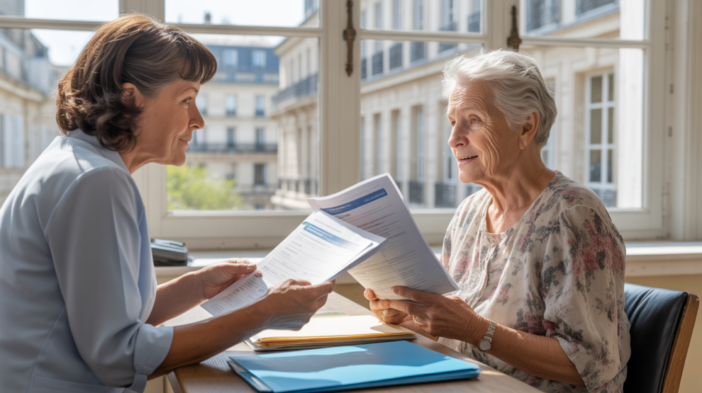 Scène réaliste montrant une personne âgée discutant avec un conseiller dans un bureau administratif lumineux, symbolisant l’accompagnement pour bénéficier de l’ASPA.
