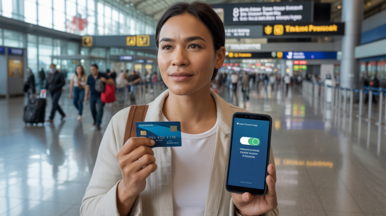 Voyageur dans un aéroport international activant le paiement à l’étranger sur son smartphone avec sa carte bancaire en main, dans une scène réaliste et naturelle.
