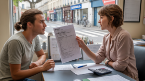 Scène réaliste dans un bureau d’aide sociale en France où un jeune adulte échange avec un conseiller, entourés de documents administratifs authentiques.