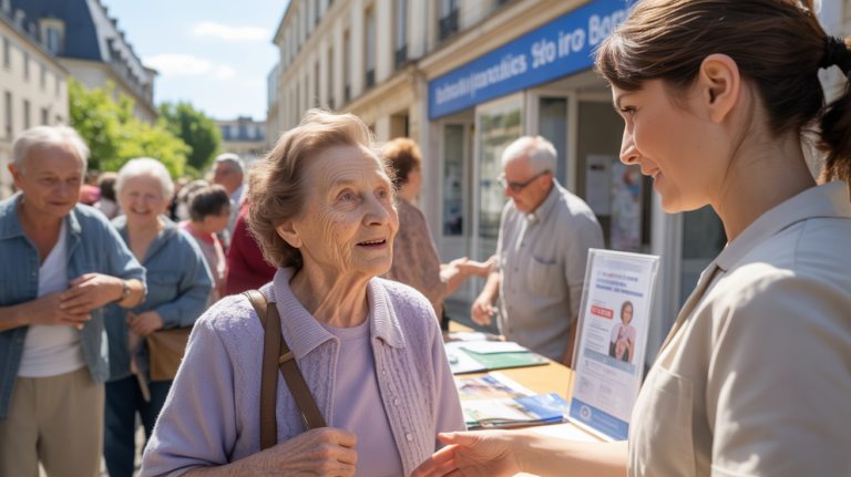 Scène réaliste d’une personne âgée recevant de l’aide devant un bâtiment public en France, entourée d’autres seniors et d’un travailleur social dans une ambiance chaleureuse et authentique.