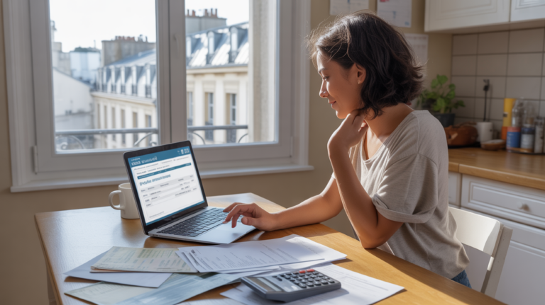 Jeune adulte consultant un site officiel pour vérifier ses droits aux aides sociales dans un appartement français lumineux, avec documents et ordinateur sur une table de cuisine.