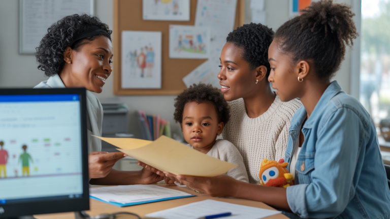 Scène réaliste dans un bureau CAF en France où un conseiller accompagne une famille dans leurs démarches avec des détails authentiques du quotidien.