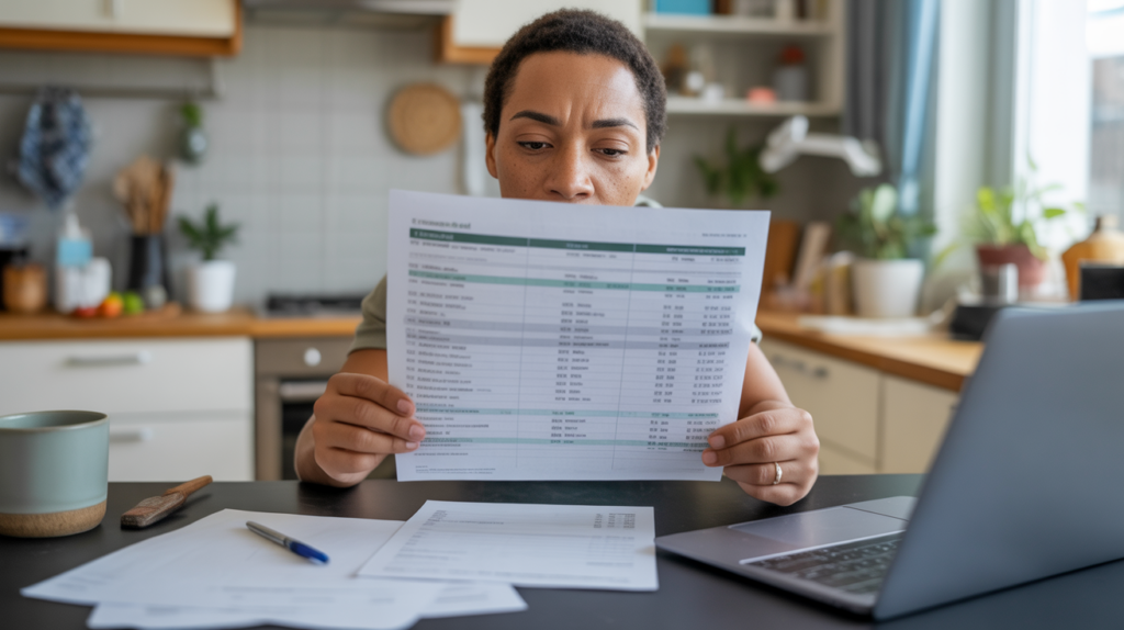 Personne examinant un relevé bancaire imprimé dans un appartement lumineux, scène réaliste et naturelle.