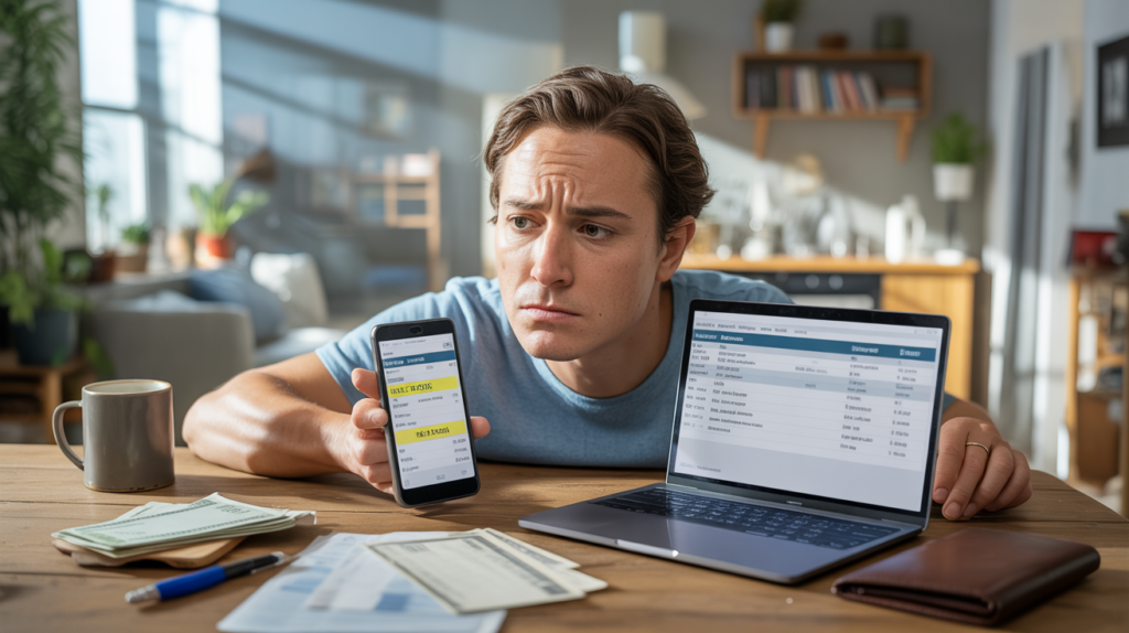 Personne examinant un relevé bancaire sur un ordinateur portable et un smartphone, cherchant l’origine d’un prélèvement inconnu dans un intérieur moderne et réaliste.