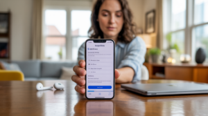 Personne utilisant un iPhone dans un salon lumineux pour gérer un abonnement Apple, dans une scène réaliste et naturelle.