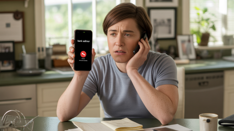 Personne chez elle regardant son téléphone avec méfiance face à un appel suspect d’un faux conseiller bancaire, dans un décor réaliste et naturel.