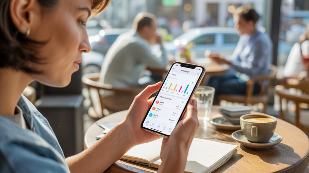 Scène réaliste dans un café où une personne utilise une application de budget sur un iPhone avec un environnement naturel et détaillé