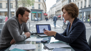 Scène réaliste dans une agence bancaire française où un client inquiet consulte un conseiller au sujet d’une fraude, avec un décor urbain parisien authentique en arrière-plan.