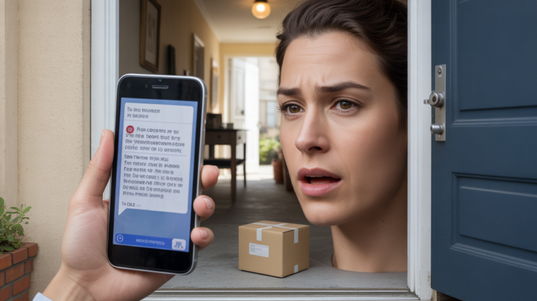 Personne tenant un smartphone affichant un faux SMS de livraison suspect près de la porte d’un appartement, avec un colis au sol et une scène réaliste et naturelle.