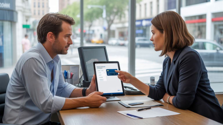 Scène réaliste dans une agence bancaire où un conseiller montre à un client comment augmenter le plafond de sa carte bancaire sur une tablette.
