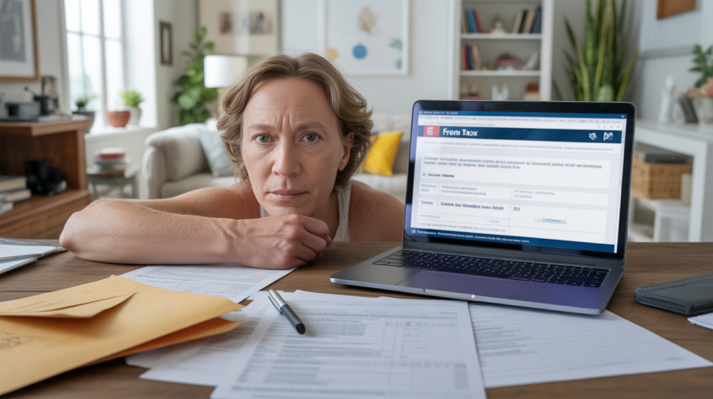 Personne à domicile consultant son avis d’imposition sur un ordinateur portable avec des documents fiscaux posés sur un bureau dans un environnement naturel et réaliste.