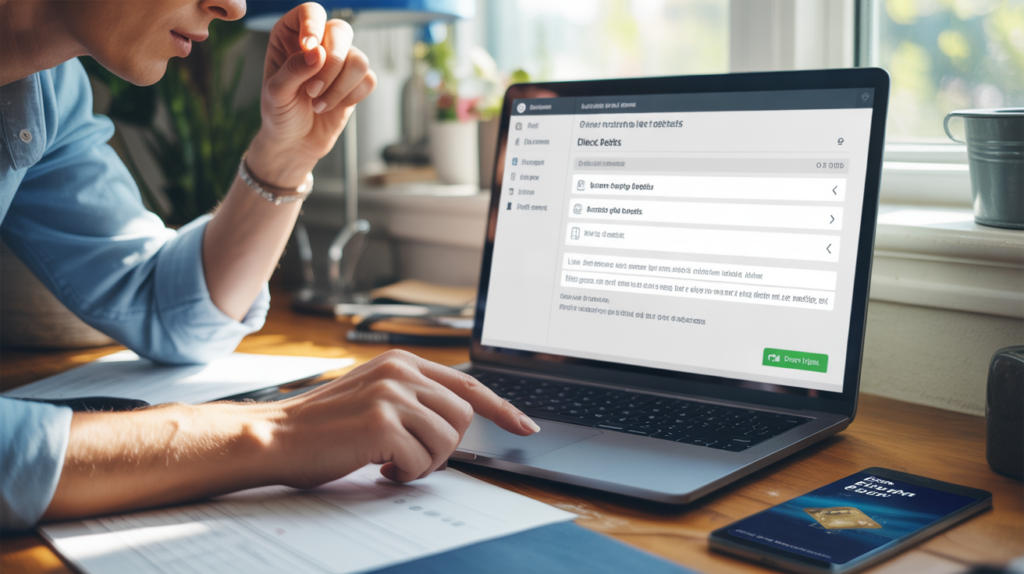 Personne utilisant son ordinateur pour bloquer un prélèvement depuis une interface bancaire en ligne dans un bureau à domicile lumineux et réaliste.