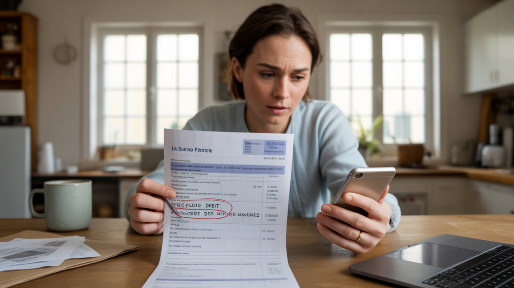 Personne examinant un relevé bancaire de la Banque Postale à la maison et cherchant comment bloquer un prélèvement indésirable, dans une scène réaliste et naturelle.