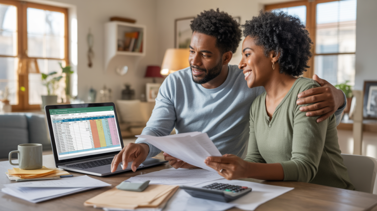Couple réaliste travaillant ensemble sur leur budget familial avec un tableau Excel ouvert sur un ordinateur dans un salon lumineux et naturel