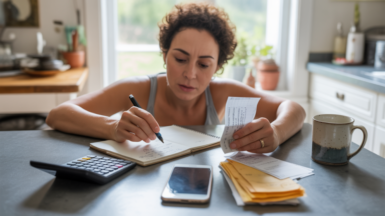 Personne gérant son budget à la maison avec un carnet, une calculatrice, des enveloppes de cash et des reçus, dans une scène réaliste et naturelle sans connexion bancaire.