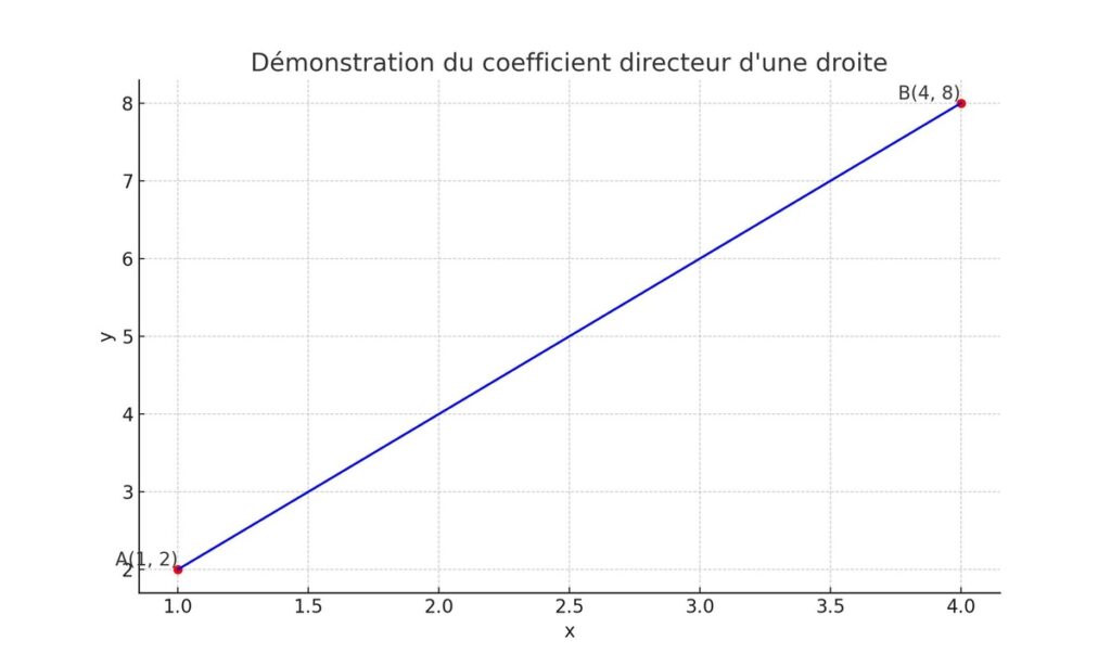Illustration visuelle montrant comment calculer le coefficient directeur d’une droite à partir de deux points