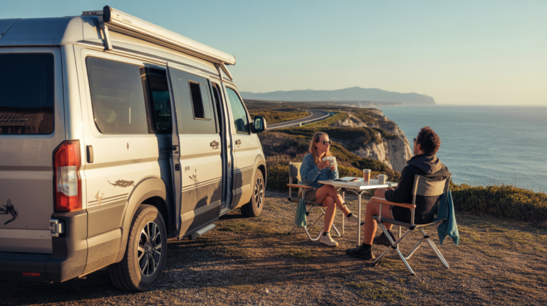 Camping-car réaliste garé sur une falaise côtière au coucher du soleil avec un couple profitant du paysage océanique, symbolisant la liberté et l'aventure du tour du monde.
