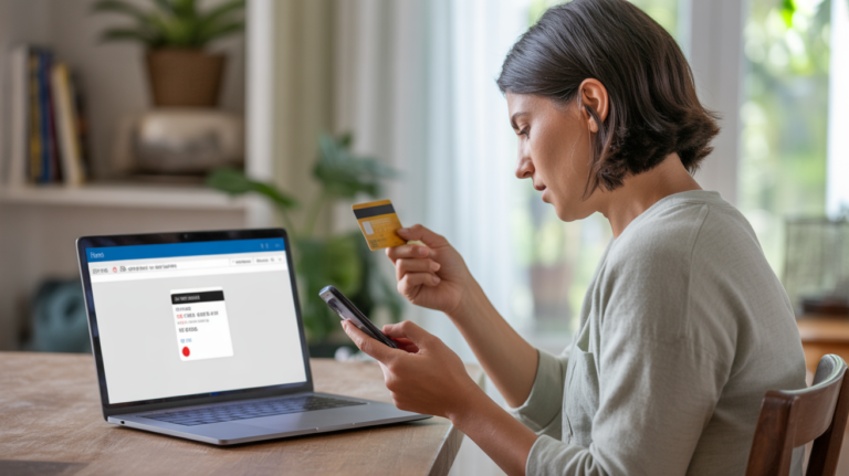 Personne vérifiant une carte bancaire bloquée lors d’un achat en ligne avec un ordinateur et un smartphone dans un intérieur réel et lumineux.