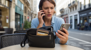 Personne inquiète découvrant la disparition de sa carte bancaire et appelant immédiatement sa banque dans un décor urbain réel.