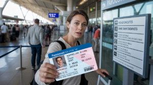 Voyageur à l’aéroport montrant une carte d’identité française périmée à un agent, dans une scène réaliste et naturelle.