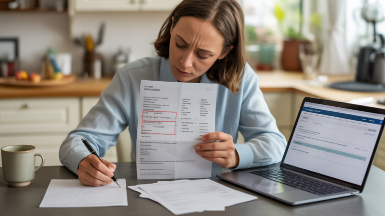 Personne examinant un relevé bancaire avec des frais inattendus et rédigeant une lettre de contestation dans une scène domestique réaliste.