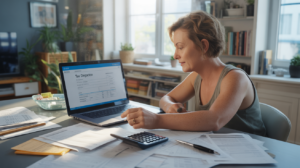 Personne concentrée remplissant sa déclaration d'impôts en ligne sur un ordinateur portable, entourée de documents et d'objets du quotidien dans un intérieur lumineux et réaliste.