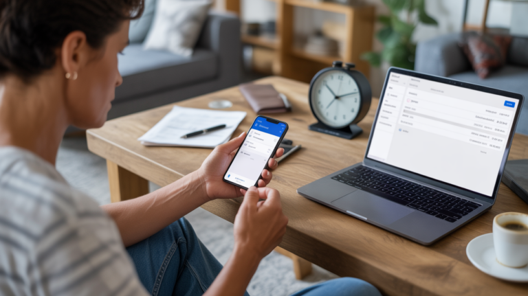 Scène réaliste d'une personne consultant le statut d'un virement bancaire sur son smartphone, avec une horloge et un bureau naturel symbolisant le délai entre émission et réception.
