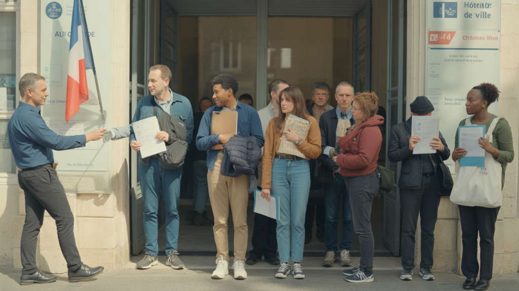 Scène réaliste devant une mairie française avec des citoyens faisant la queue pour des démarches de passeport, lumière naturelle et ambiance authentique.