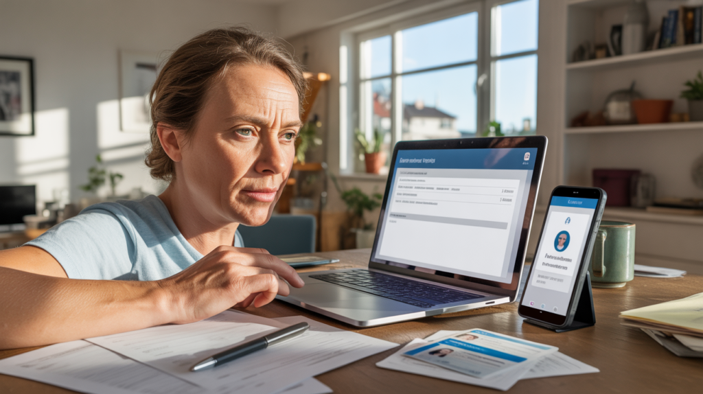 Personne réaliste utilisant un ordinateur portable chez soi pour effectuer des démarches administratives en ligne, dans un environnement naturel avec documents, lumière du jour et décor authentique.