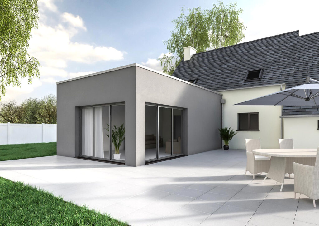 Vue moderne d'une extension de maison avec toit plat, illustrant le coût et les critères à considérer