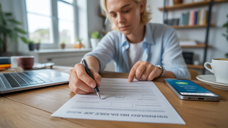 Personne signant un formulaire d’autorisation de prélèvement bancaire dans un bureau lumineux et naturel, avec ordinateur, smartphone et objets du quotidien.