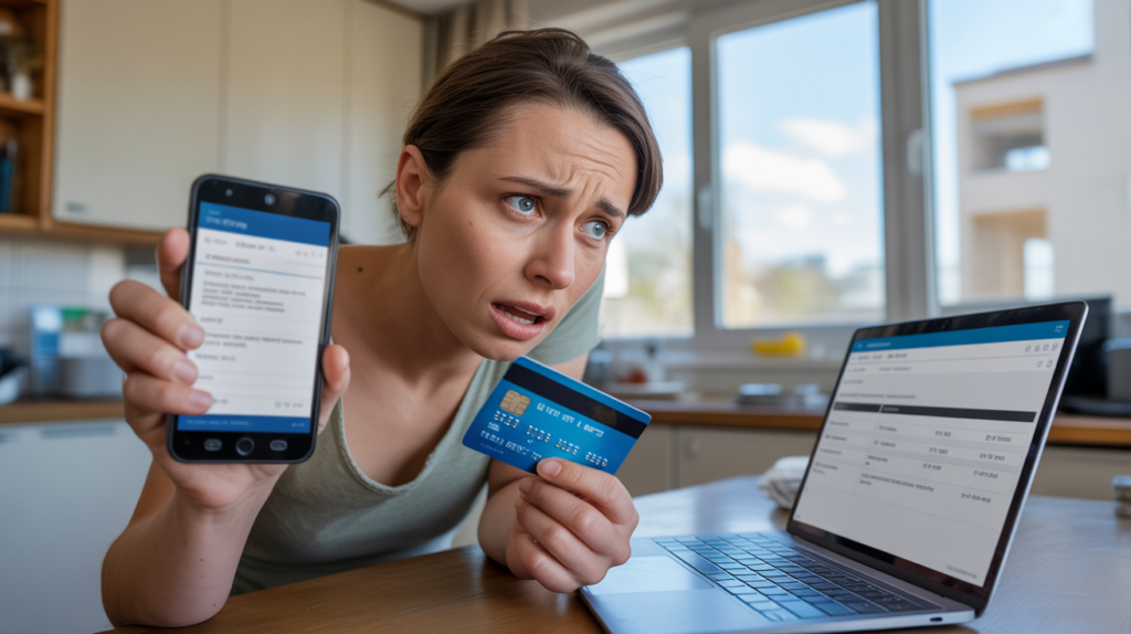 Personne inquiète découvrant une fraude sur sa carte bancaire devant un téléphone et un ordinateur dans une scène domestique réaliste.