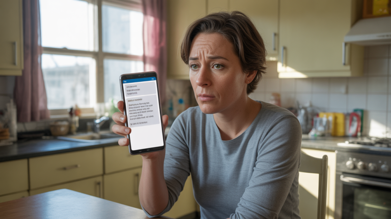 Personne examinant un SMS bancaire suspect dans une cuisine réaliste avec une lumière naturelle.