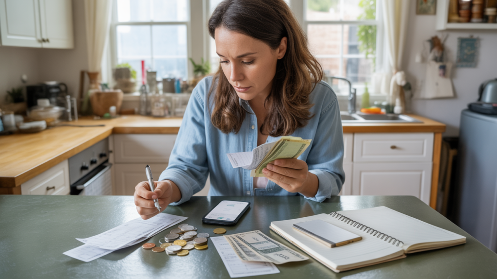 Personne assise à une table de cuisine triant ses finances avec smartphone, carnet et reçus dans une scène de vie réaliste et naturelle.