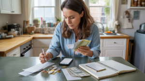 Personne assise à une table de cuisine triant ses finances avec smartphone, carnet et reçus dans une scène de vie réaliste et naturelle.