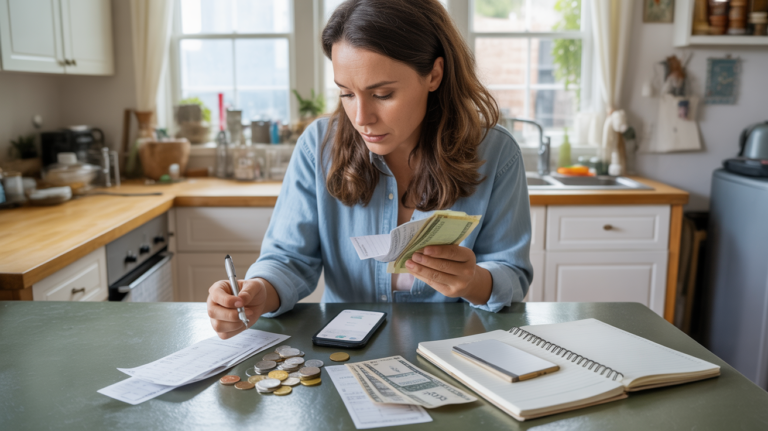 Personne assise à une table de cuisine triant ses finances avec smartphone, carnet et reçus dans une scène de vie réaliste et naturelle.