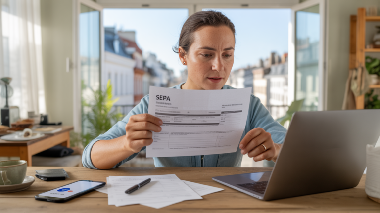 Personne dans un appartement européen examinant un relevé bancaire et un mandat SEPA de manière réaliste