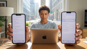 Personne assise à un bureau, utilisant un iPhone, un téléphone Android et un ordinateur portable pour gérer des abonnements dans un salon lumineux et réaliste.