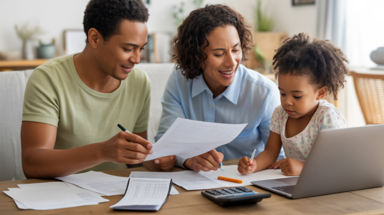 Famille réunie dans un salon chaleureux en train de gérer son budget domestique de manière réaliste.