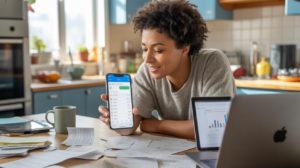 Jeune adulte consultant une application de budget sur son smartphone dans une cuisine lumineuse avec des éléments du quotidien.
