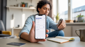 Personne vérifiant un prélèvement sur l’application bancaire dans un appartement lumineux et naturel