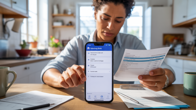 Personne examinant ses documents bancaires et utilisant une application mobile pour gérer un prélèvement dans un appartement français réaliste.