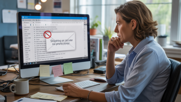 Scène réaliste d’une personne examinant un email suspect de phishing dans un bureau naturel et authentique.